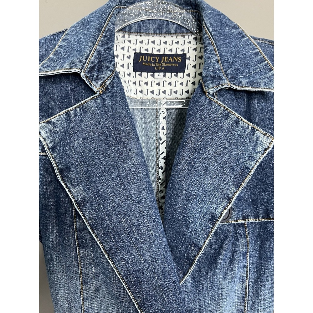 Vintage Juicy Couture Trench Coat Womens Large Denim Double Breasted Y2K - Picture 16 of 16